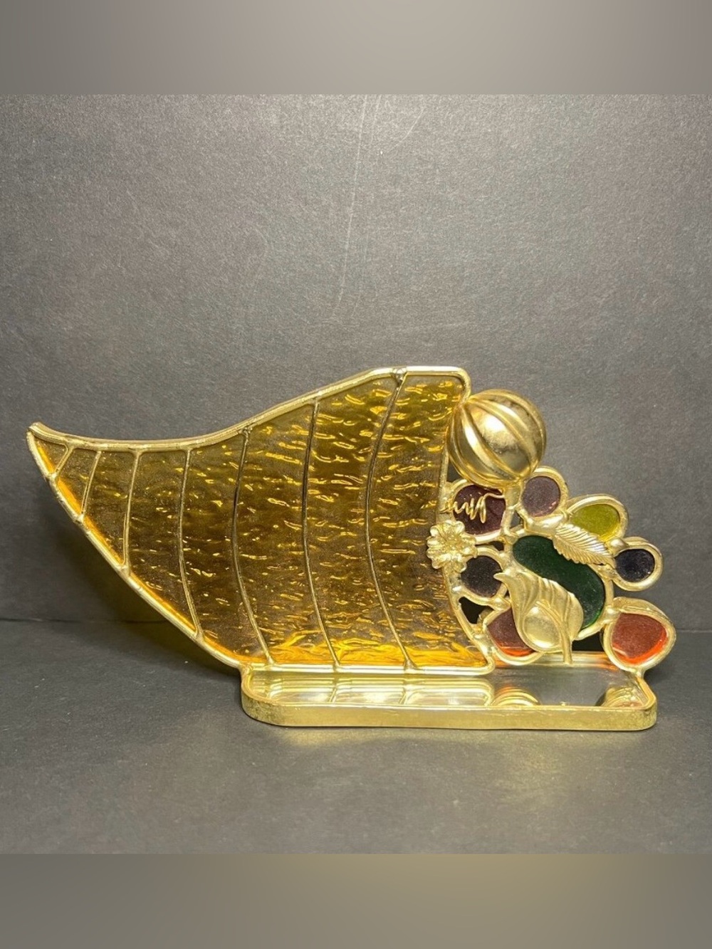 Vintage Rare Unique Gold Tone Stained Glass Free Standing Cornucopia 3.25 x 6.5"